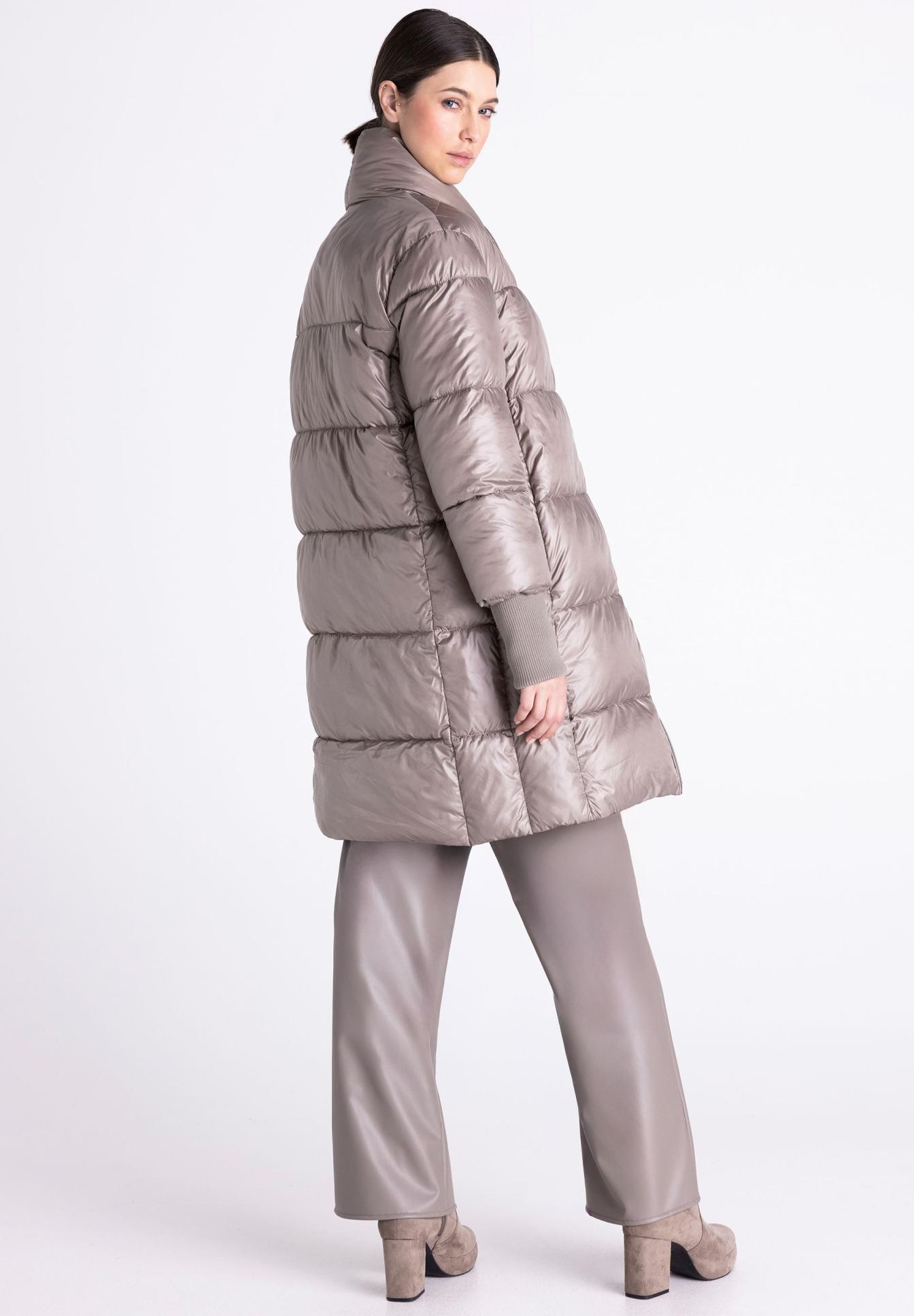 Daunenjacke, Puffer, Langmodell, Taupe, Kragen, Pufferjacke, Lange Jacke, Quilted, Hell taupe, Kragenlos