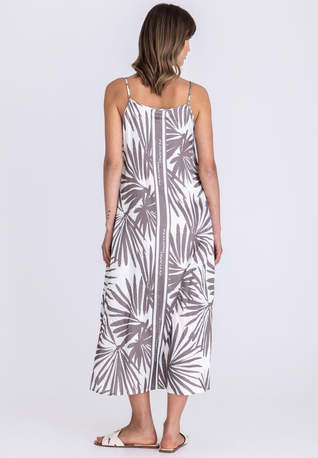 Maxi-Kleid, Palmblätter-Muster, Spaghettiträger, Ärmelloses Kleid, Midi-Länge, Maxi-Kleid, Palmenblatt Muster, Trägerkleid, Sleeveless, Knie- bis Wadenlänge, floral pattern, maxi dress, linen blend, spaghetti straps, neutral gray