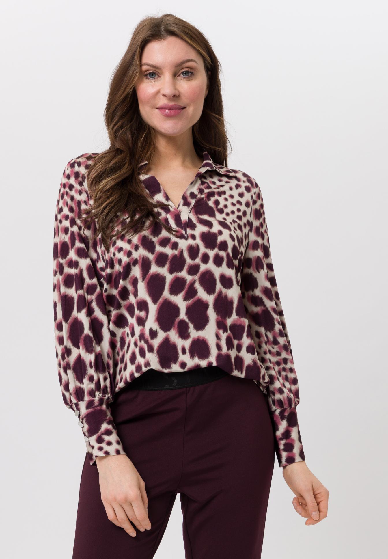 Polohemd, Leopardenmuster, Langarm, Violett, Bluse