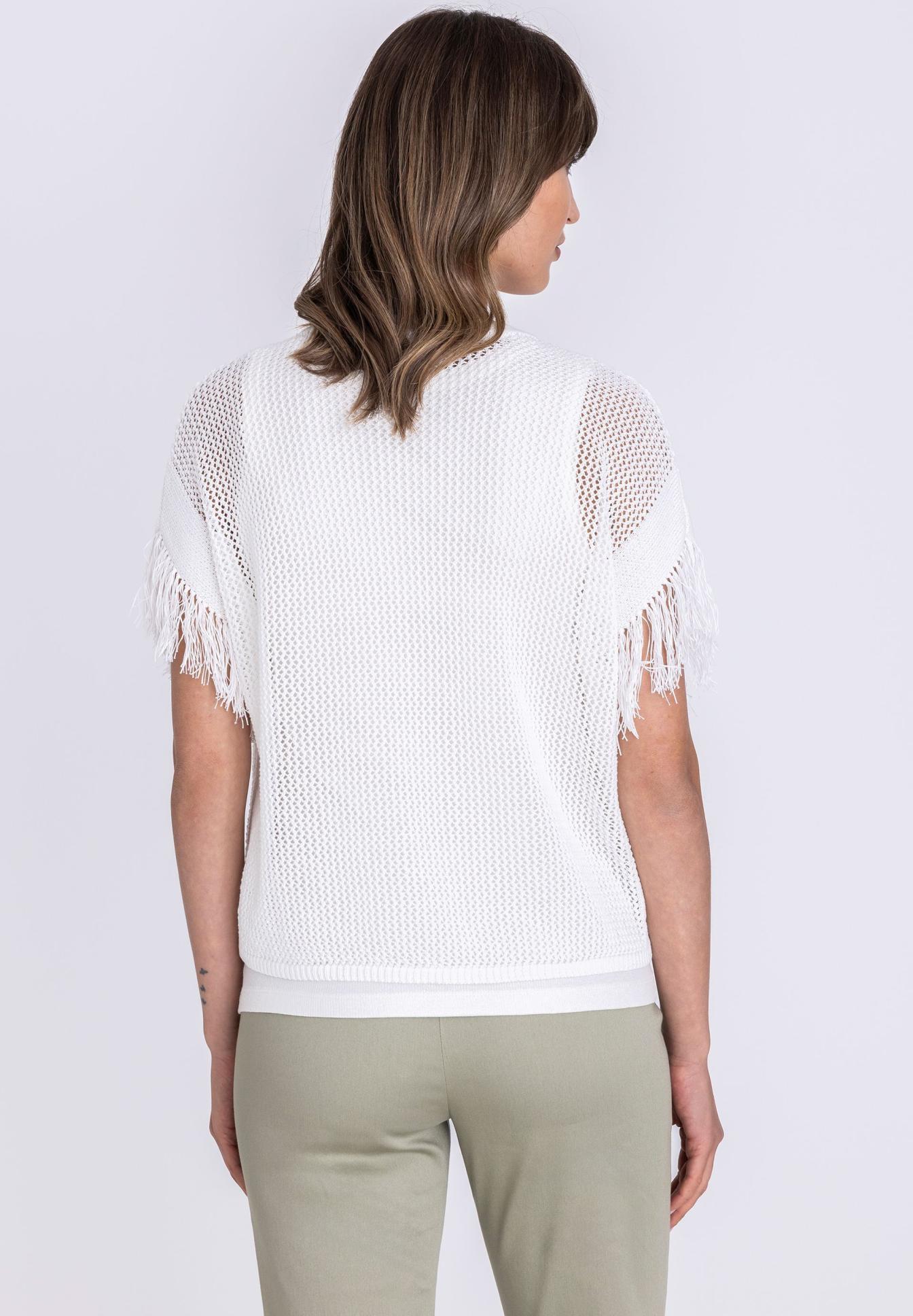 weiß, Top, Netzstoff, Fransen, Kurzärmlig, weißes Oberteil, Mesh-Strick, Fransenärmel, Kurzarm, Rückansicht, weiss, netzstoff, fransen, kurzarm, mesh