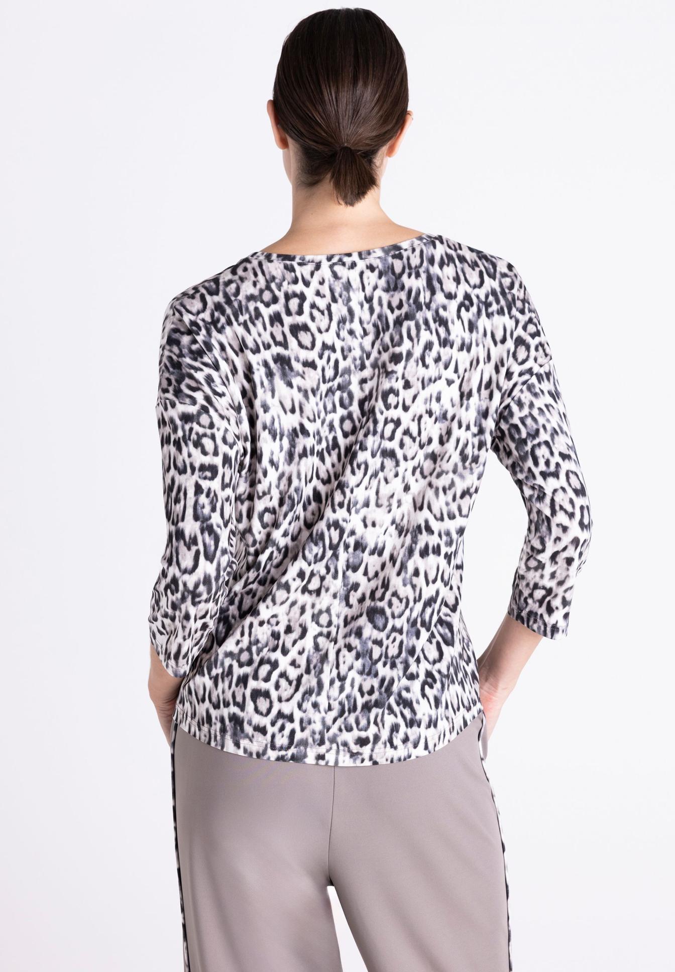 Leopardendruck, Tierdruck, Bluse, Langarm, Strickoberteil, Leopardendruck, Langarm, Rundhalsausschnitt, Tunikaoberteil, Damenoberteil, Leopardenmuster, Langarmshirt, Weiß-schwarz, Top, Kleidung
