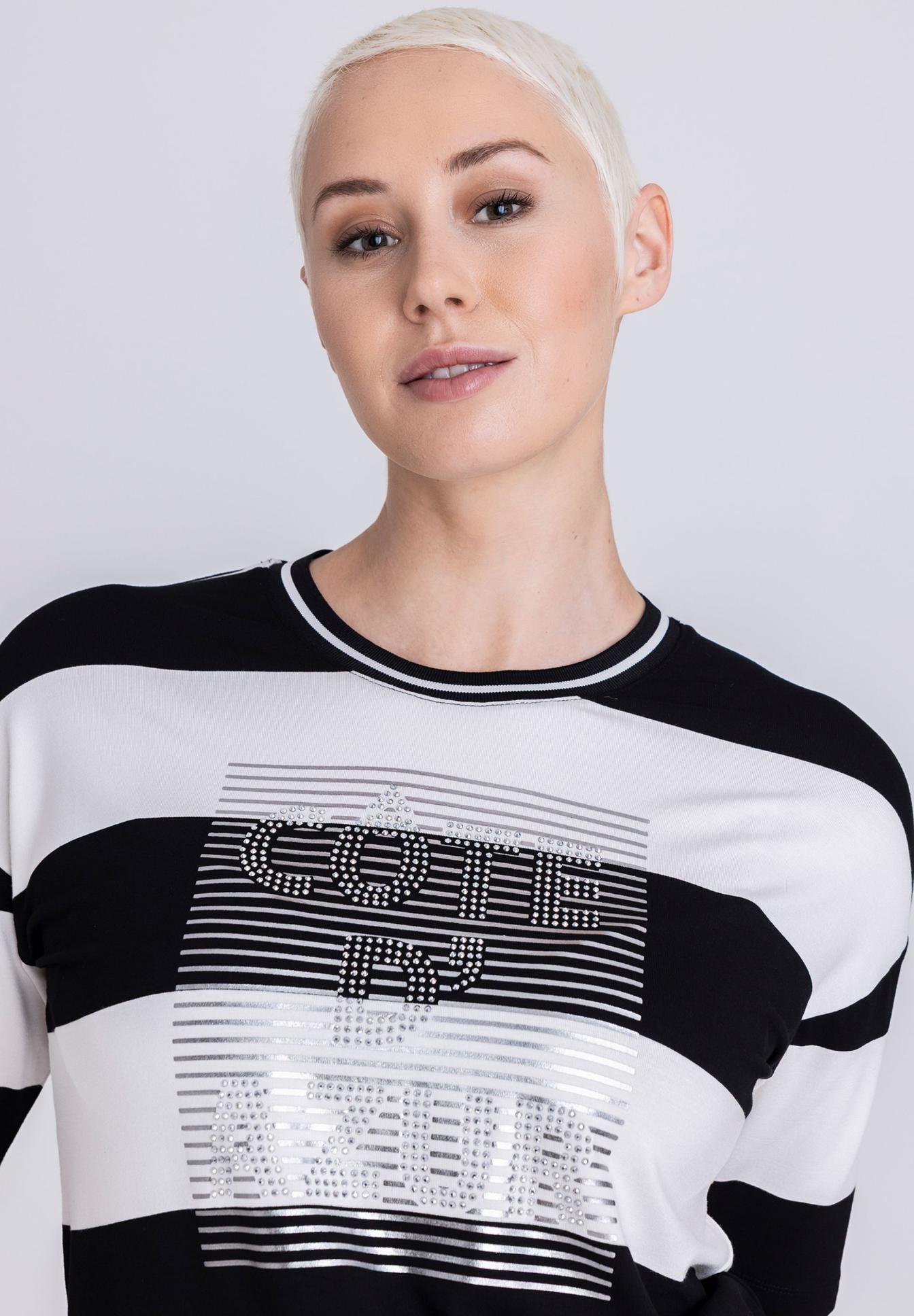 gestreiftesSweatshirt, schwarz weiß, Grafikdruck, Rundhals, Kurzarm, Tee shirt, Schriftzug, Streifen, Schwarz-Weiß, Rundhals, Strickshirt, Gestreift, Logo-Schrift, Schwarz-Weiß, Kleidung, pullover, streifen, grafik, schwarz-weiß, shirt