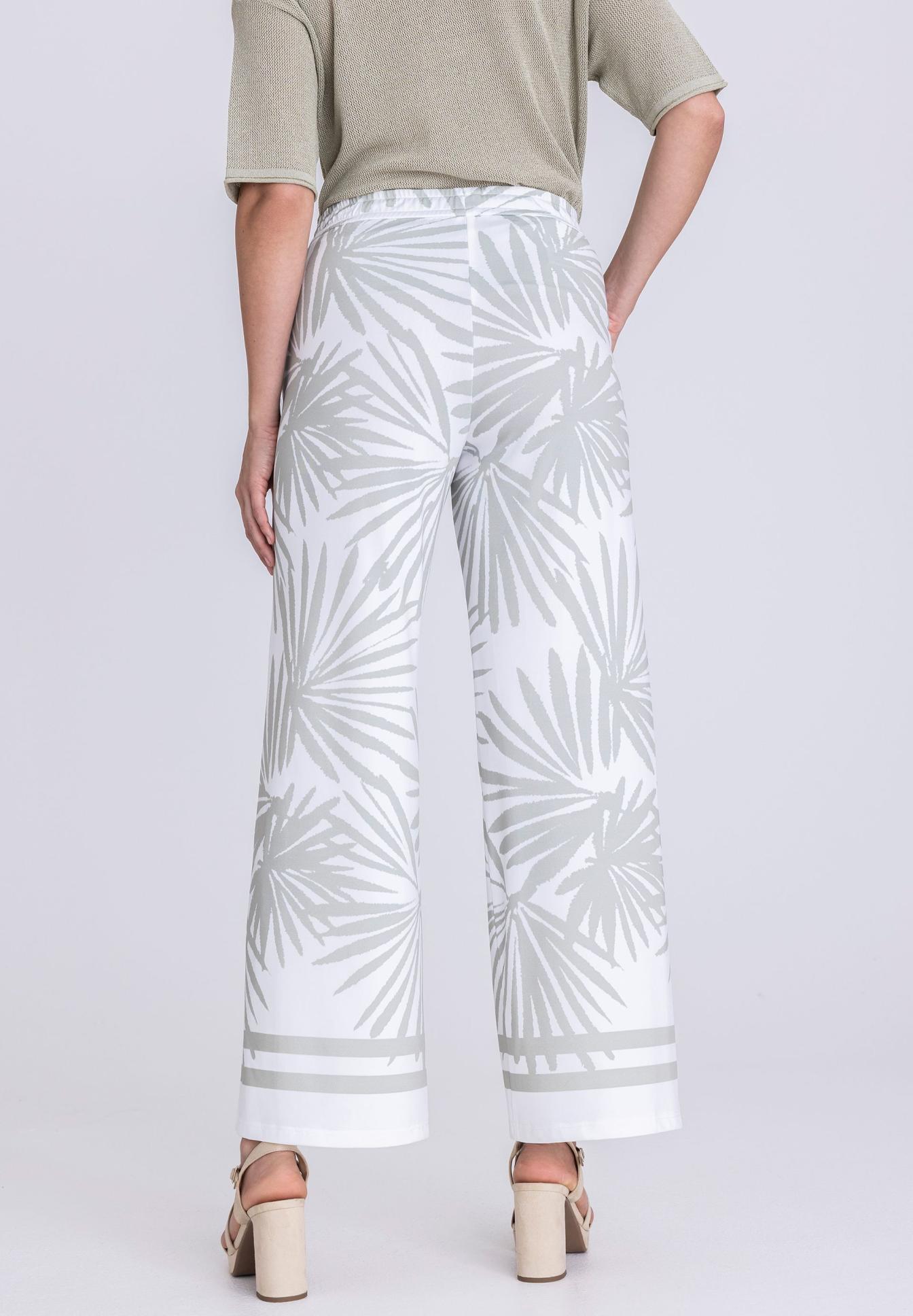 Hose, Palme Muster, Weiß, Beinweite, High Waist, Hose, Palazzo, Widerbund, leichte Muster, Palmendruck, Hose, Palmenprint, Weiß, Lose Passform, Weite Beinweite