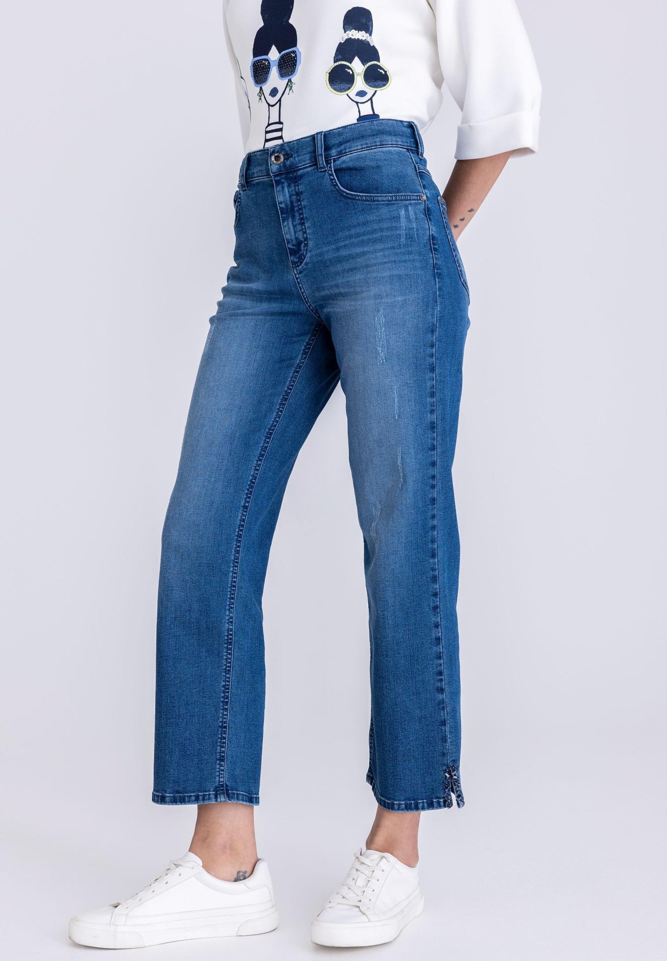  Jeans, hoher Bund, gerade Bein, blauer Denim, abgenutzt