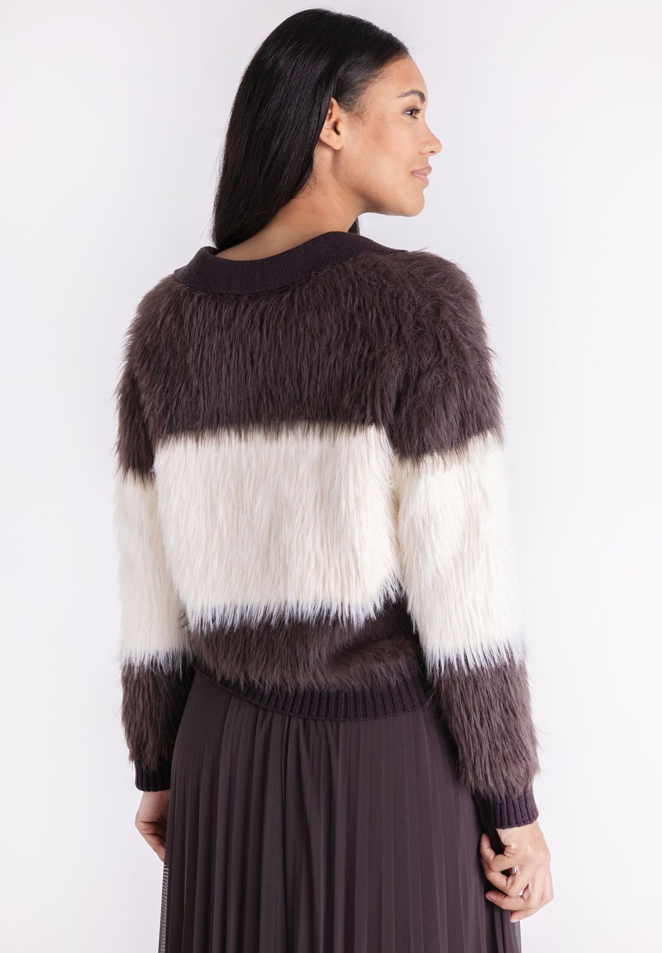 Fauxfur, Dreifarbig, Cardigan, Gestricktes, Pullover, Fellpullover, Farbblock, Langarm, Strickpullover, Braun Weiß Schwarz, Farbblock, Faux-Fell, Strickjacke, Mehrfarbig, Pullover, Strickjacke, Farbblock, Pelzoptik, Langarm, Kragenbündchen