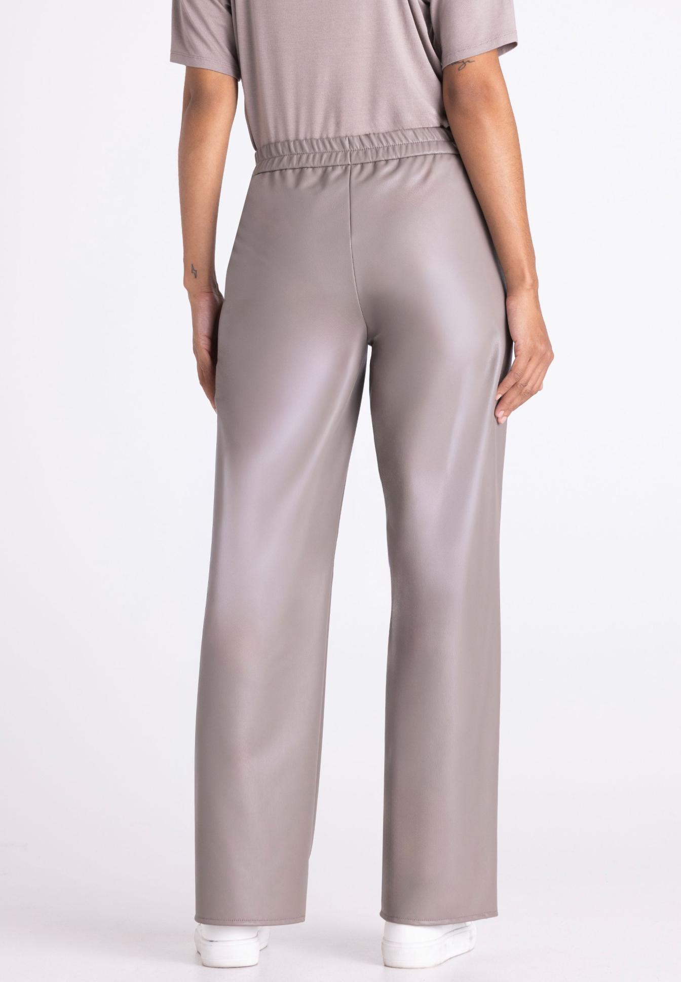 lederhose, länge, elastischer bund, beige, weite hose, hose, Lederlook, Grau, weite Beine, Elastischer Bund, Hose, Synthetik, Ledereffekt, Beige, Weite/straight, lederhose, beige, weite beine, elastischerbund, glänzend