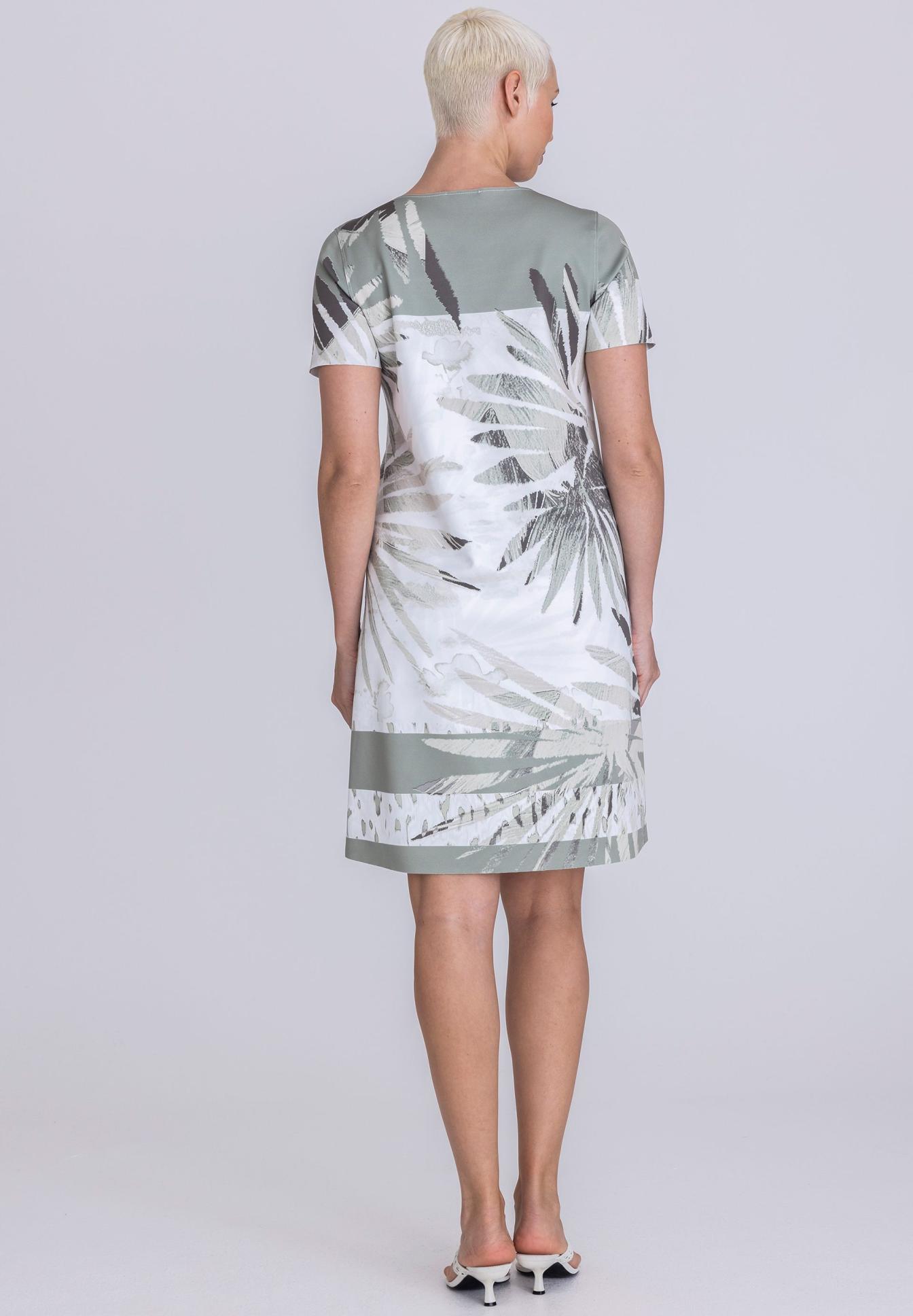 Kleid, Kurzarm, Pflanzenprint, Musterkleid, Knielang, damen-kleid, palmenprint, kurzes-kleid, muster-print, figur-tee-shirt-kleid, Kleid, Kurzarm, Print, Palmenmuster, Kleid grau-grün