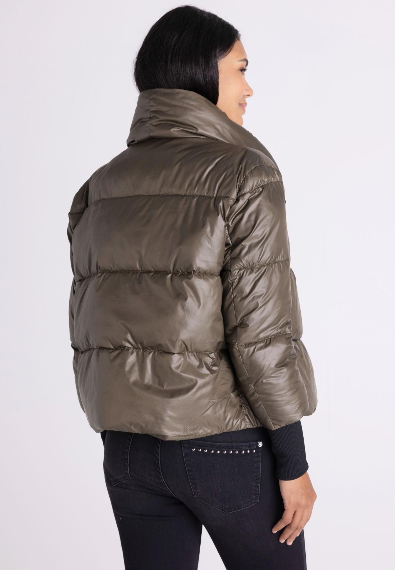 Pufferjacke, Olivgrün, Halskragen, Kurz, Gequiltet