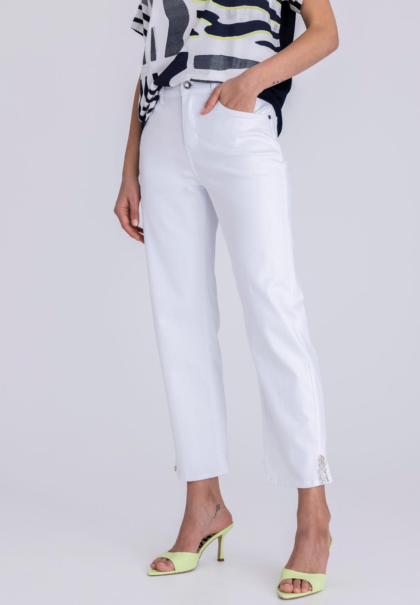 weiß jeans, gerade passform, hohe taille, hosiery cuff, knöchellang