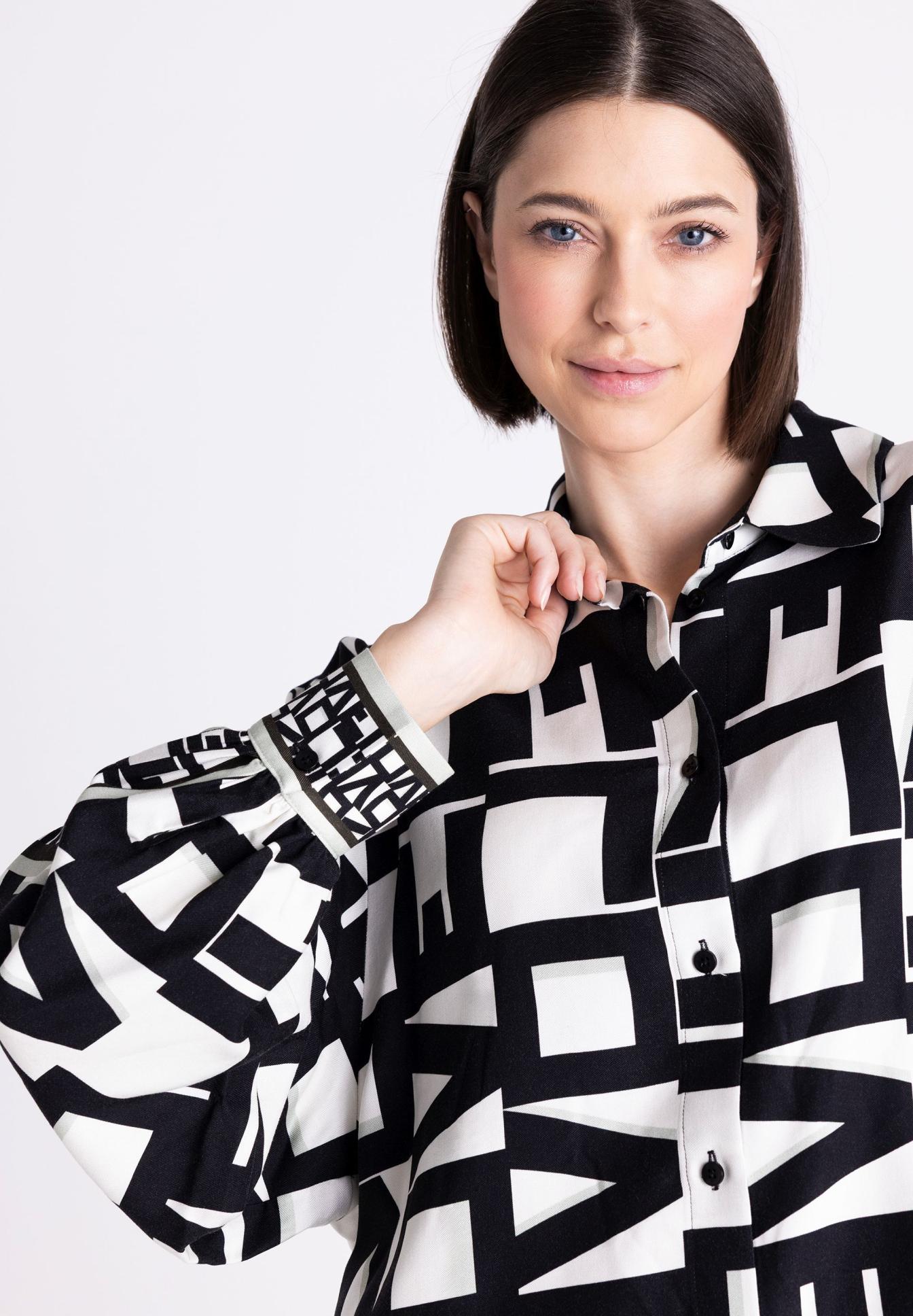 Hemd, Bluse, Schwarz-Weiß, Geometrisch, Langarm, bluse, muster, geometrisch, langarm, knopfleiste, muster dick shirt, geometrischer print, Knopfleiste, langarm, schwarzweiß, Bluse, Schwarz-weiß Muster, Geometrischer Druck, Langarm, Knopfleiste