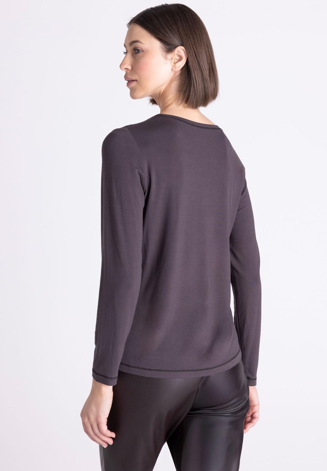 Langarmshirt, Rundhals, einfarbig, dunkelgrau, oberteil, langeärmlig, Shirt, dunkle Farbe, glatte Textur, Rückansicht, Langarmshirt, Rundhals, Viskose, Cremiggrau, Unifarben, Langarmshirt, Rundhals, Glatt, Mittelgrau, Baumwolle?