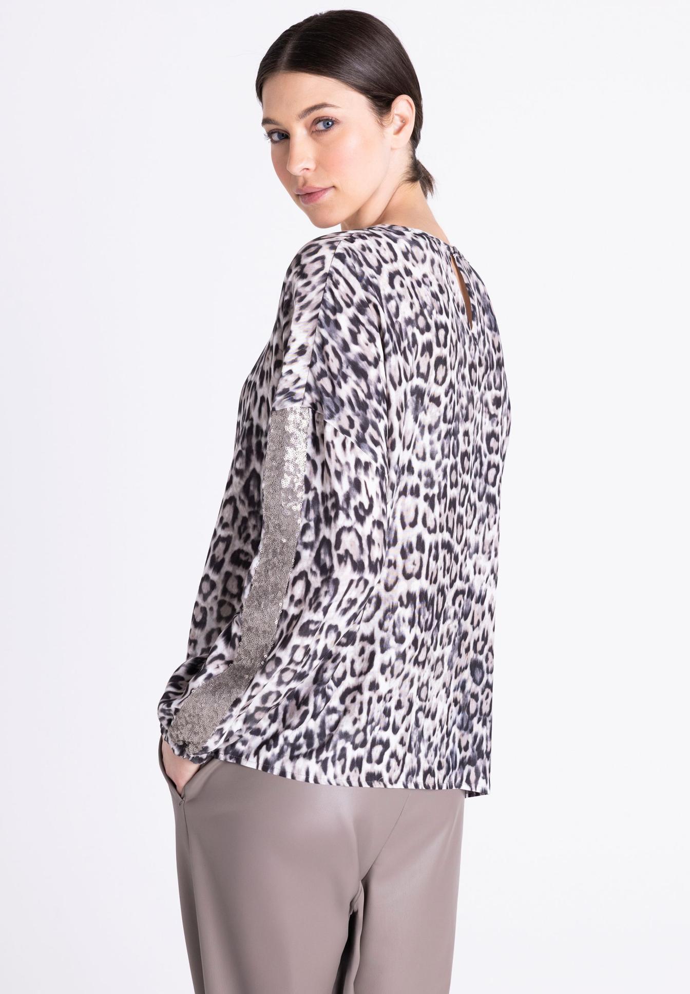Leopardenmuster, Bluse, Langarm, Glänzende Ärmel, Oversized, Leopard print, Bluse, Lange Ärmel, Glitzer-Ärmel, Leopardenkachel, Löwenfell-Print, Leichtes Oberteil, Langarm, Halbtransparent, Pailletten-Ärmel
