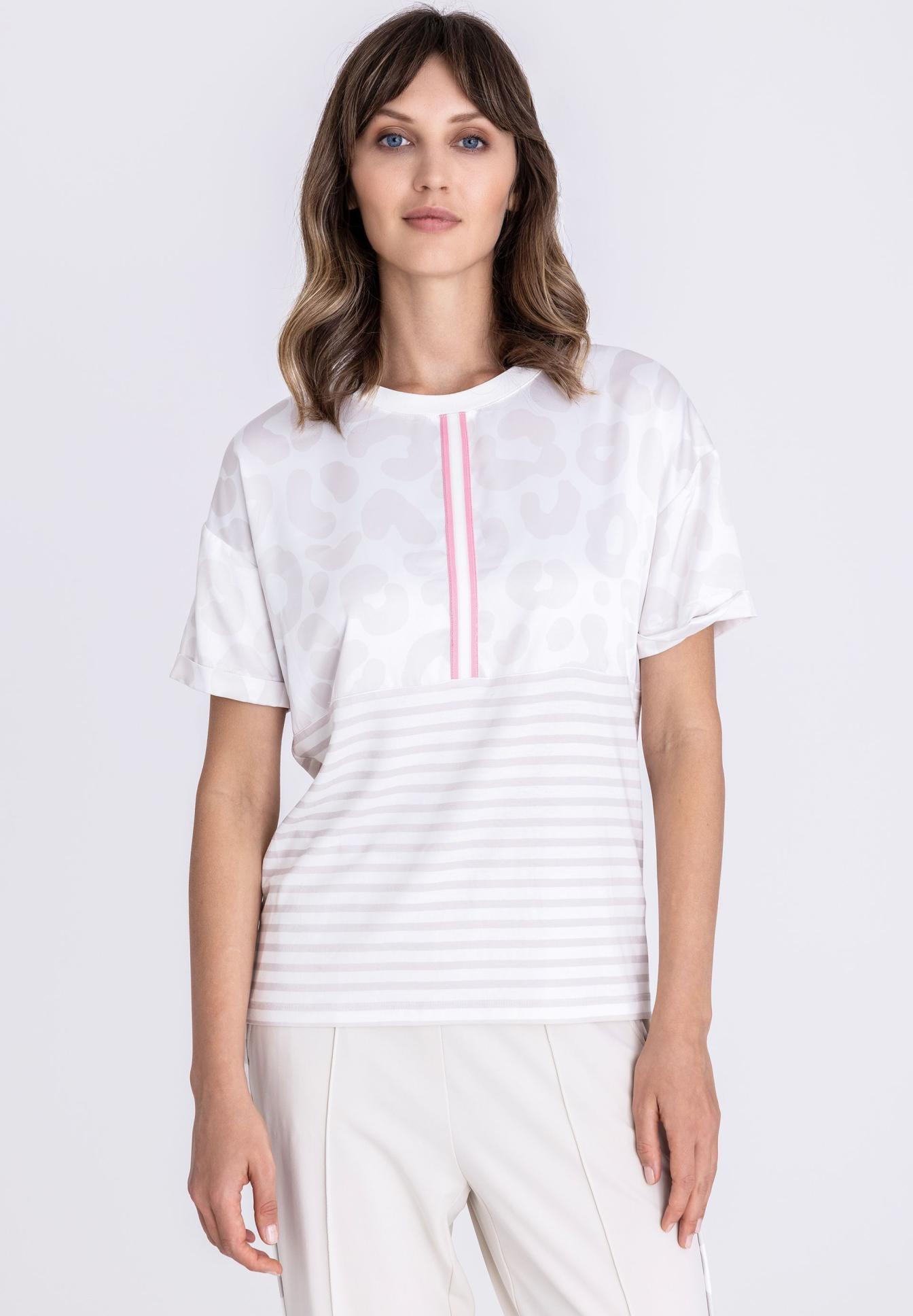 T-Shirt, Kurzarm, Weiß, Streifen, Runde Ausschnitt, T-Shirt, Leinenoptik, Rauschnitt mit Pink, Gestreift, Weiß, T-Shirt, Leichtes Top, Streifen, Rosa Akzent, Weiß/hellgrau Muster