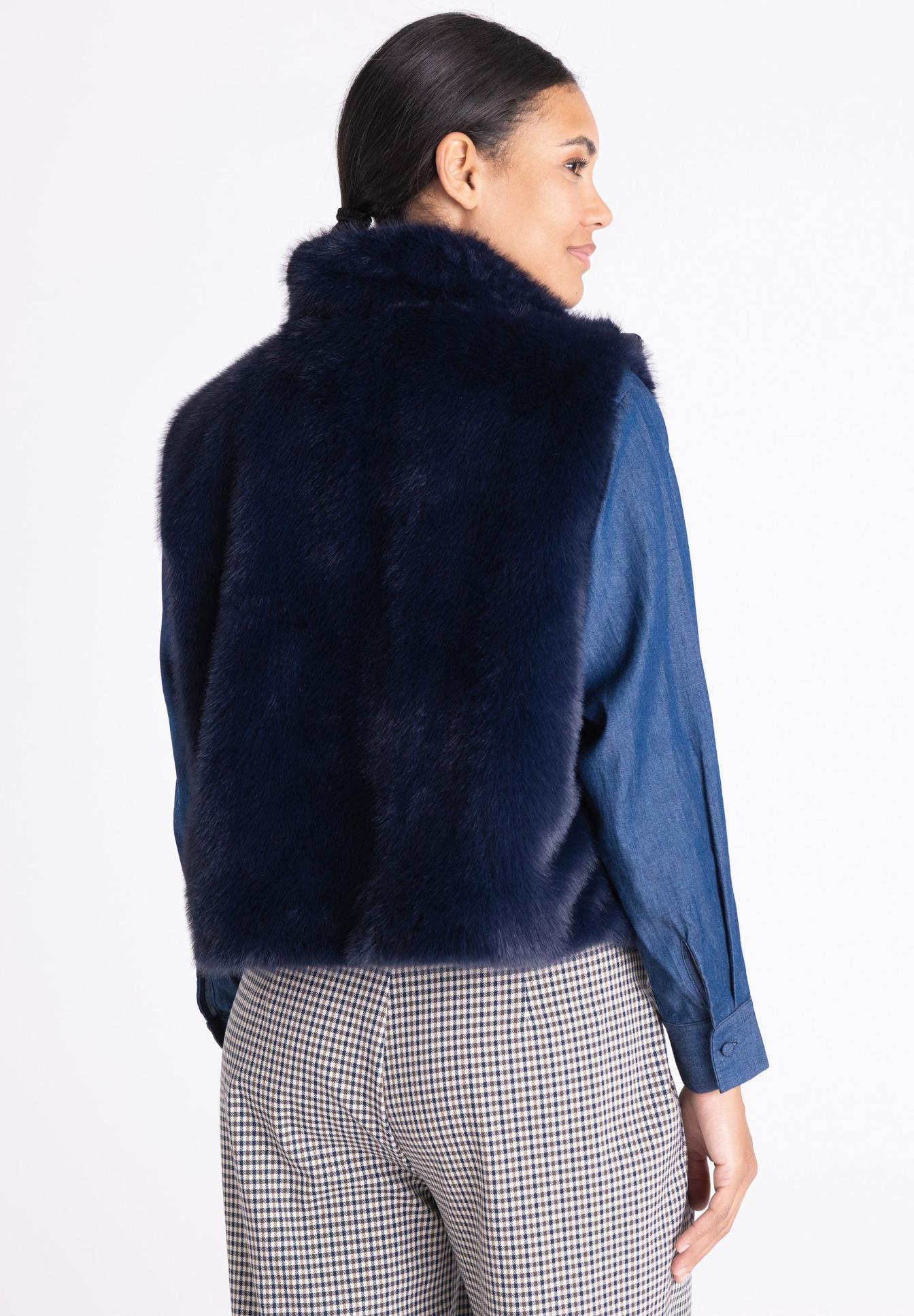 Weste, Faux-Fur, Synthetisches Fell, dunkelblau, Jacke mit Fell, Weste, Faux-Fell, Blau, Armbündchen, Herren/Womens Vest, faux fur, vest, navy, panel, back view