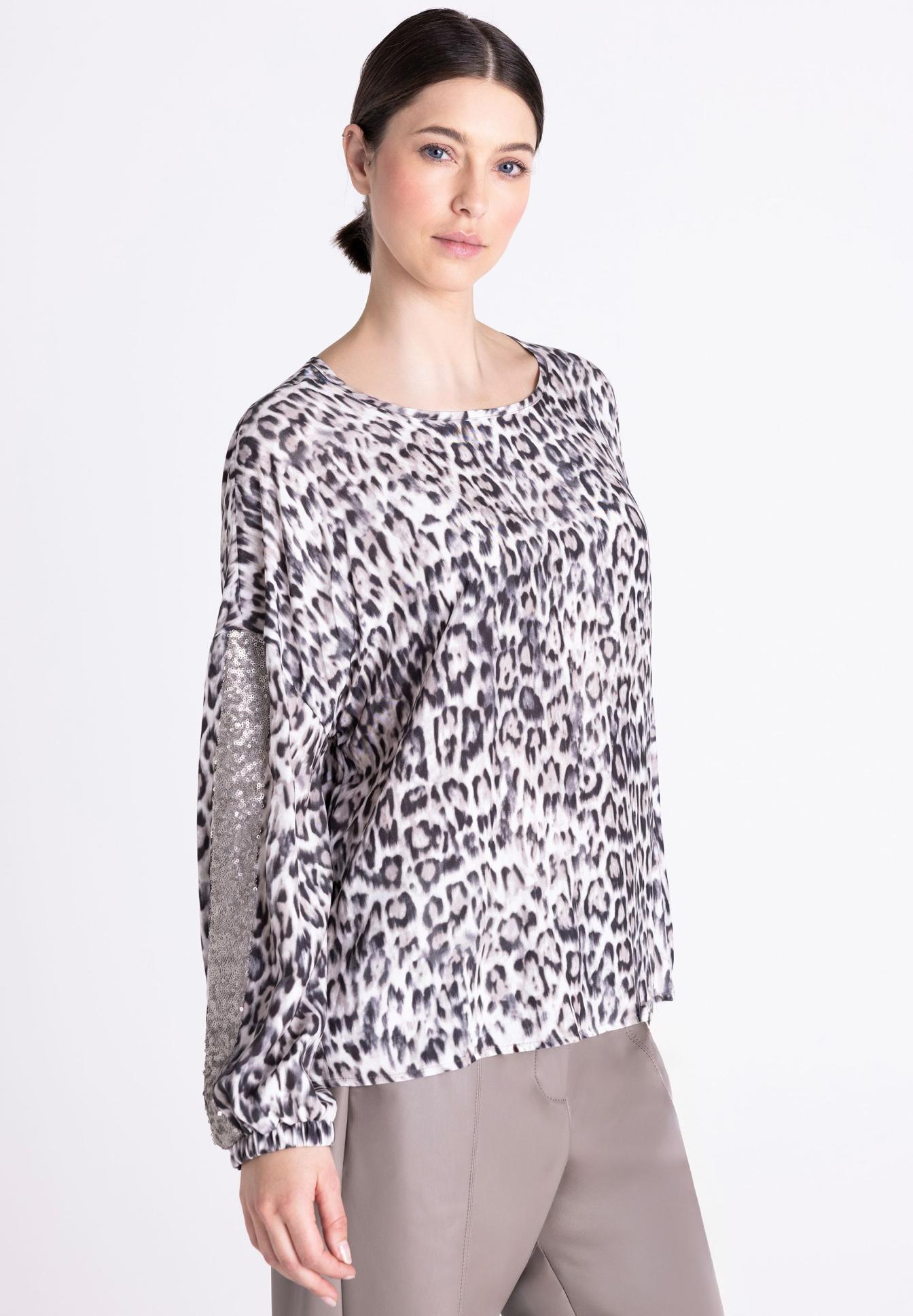 Leopardenprint, Lange Ärmel, Bluse, Muster, Looser Schnitt, Leopard print, Bluse, Langarm, Glitzer-Ärmel, Weiß-Schwarz, Leopardenmuster, Bluse, Langarm, Glitzer-Ärmel, Loose Passform, Leopardenzier, Leopardenmuster, Bluse, Langarm, Glitzerärmel